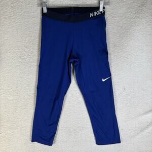 Nike Pro Leggings Pants Womens Medium Blue Capri Yoga Swoosh Logo Compression